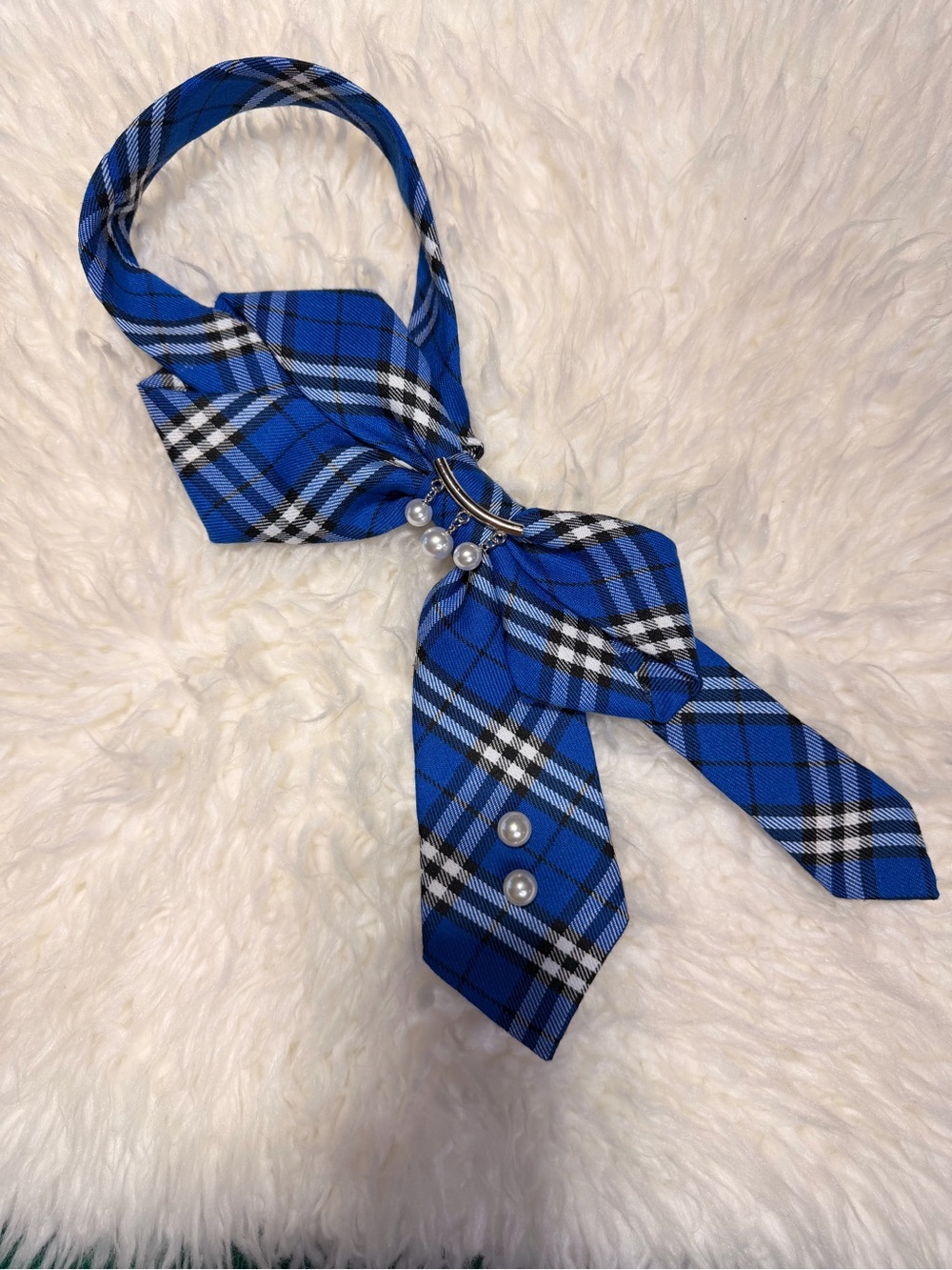 Blue Plaid Pearl Accent Neck Scarf
Handmade